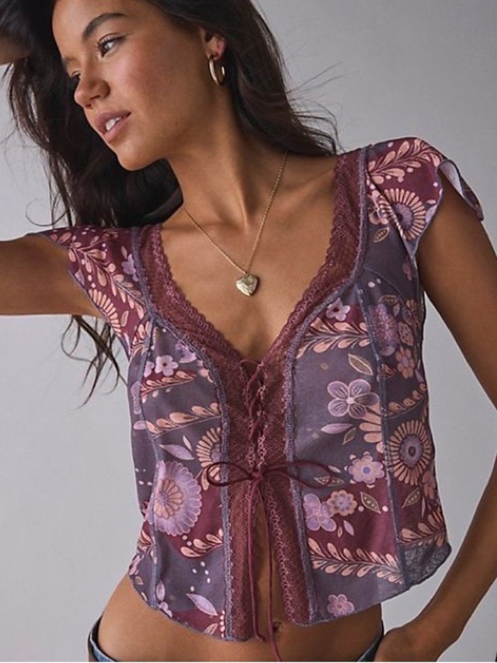 Urban Outfitters Kimchi Blue Cameron Lace Trim Tie Front Top